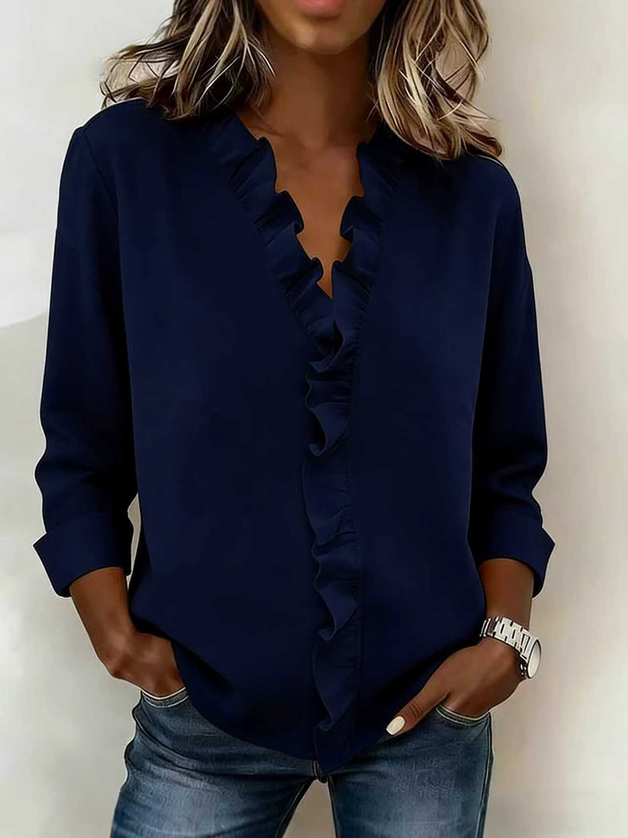 Indie | Blouse with Ruffles, V-Neck and Long Sleeves