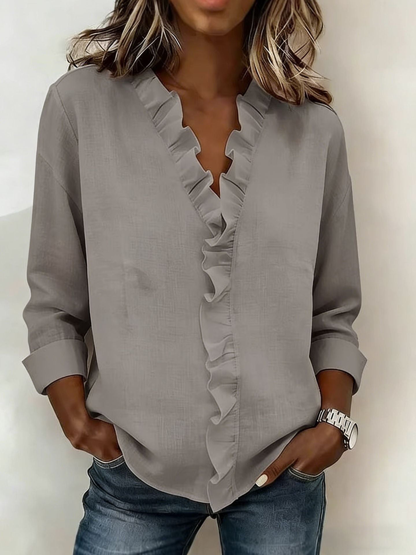 Indie | Blouse with Ruffles, V-Neck and Long Sleeves