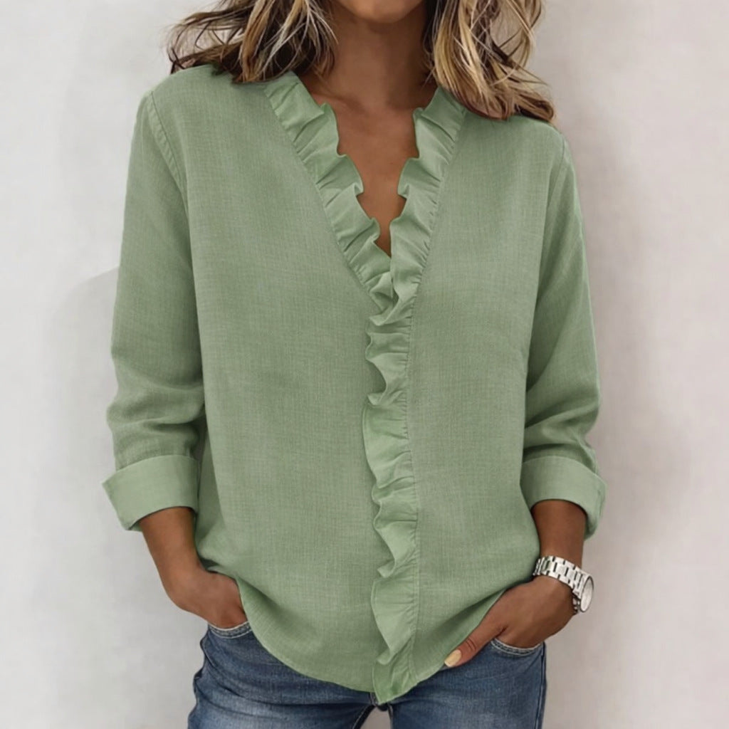 Indie | Blouse with Ruffles, V-Neck and Long Sleeves