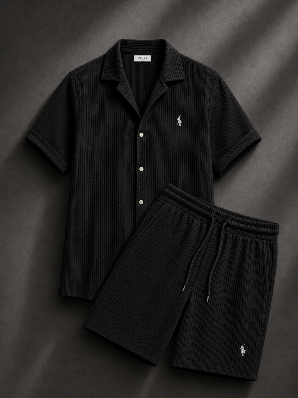 Men's Pony Embroidery Ribbed Knit Matching Short Set 🔥