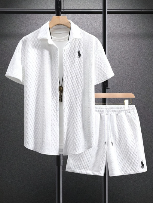 Men’s Textured Short-Sleeve Shirt & Shorts Set - white
