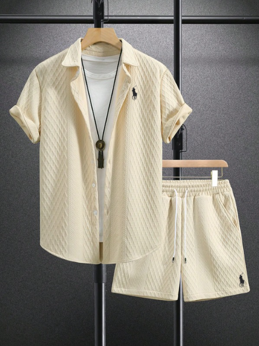 Men’s Textured Short-Sleeve Shirt & Shorts Set - Light yellow