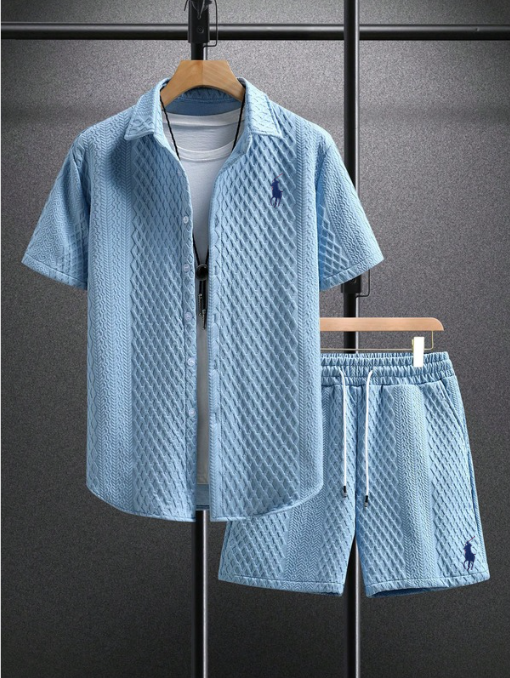 Men’s Textured Short-Sleeve Shirt & Shorts Set - Light blue