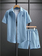 Men’s Textured Short-Sleeve Shirt & Shorts Set - Light blue