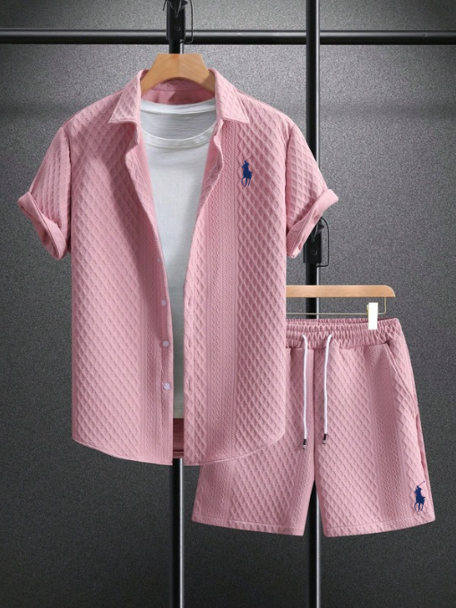 Men’s Textured Short-Sleeve Shirt & Shorts Set - Pink
