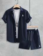 Men’s Textured Short-Sleeve Shirt & Shorts Set - Dark blue
