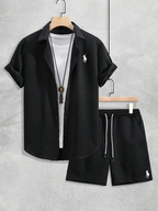 Men’s Textured Short-Sleeve Shirt & Shorts Set - Black