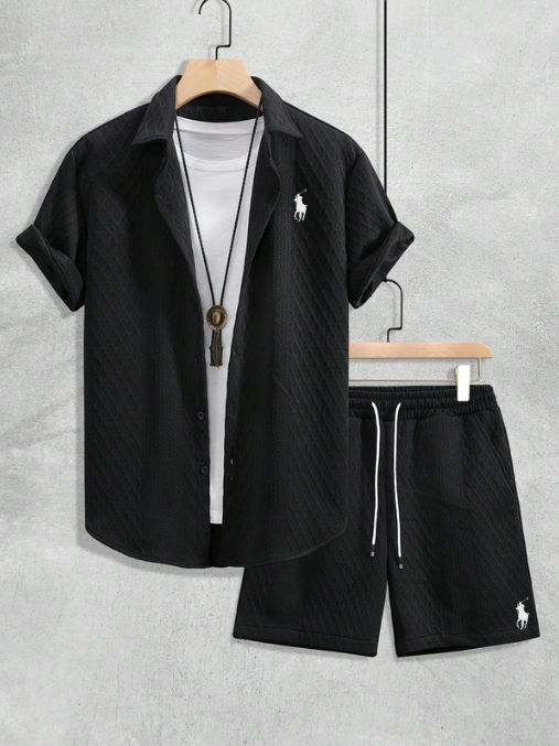 Men’s Textured Short-Sleeve Shirt & Shorts Set - Black