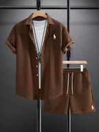 Men’s Textured Short-Sleeve Shirt & Shorts Set - brown