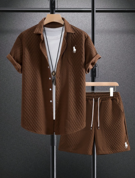 Men’s Textured Short-Sleeve Shirt & Shorts Set - brown