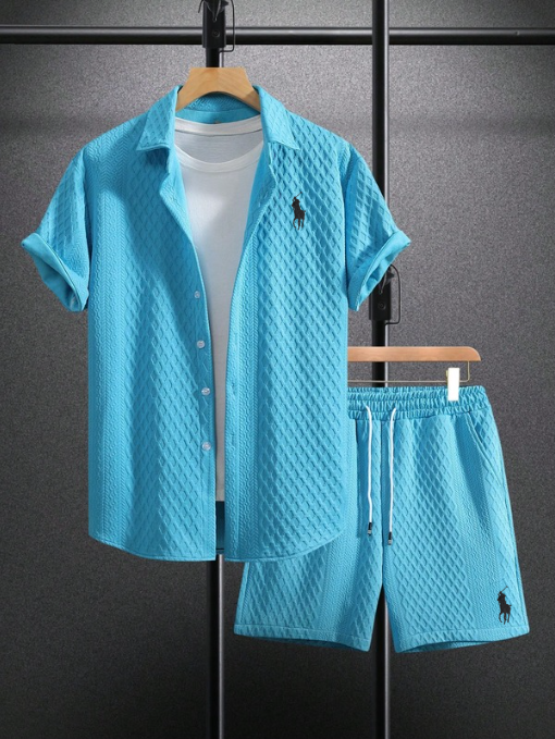 Men’s Textured Short-Sleeve Shirt & Shorts Set - blue