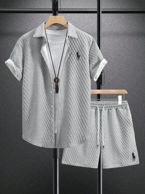 Men’s Textured Short-Sleeve Shirt & Shorts Set - Gray