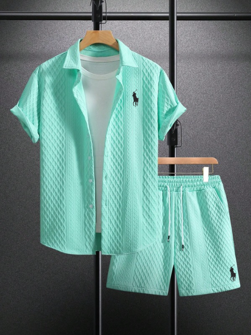 Men’s Textured Short-Sleeve Shirt & Shorts Set - Light green