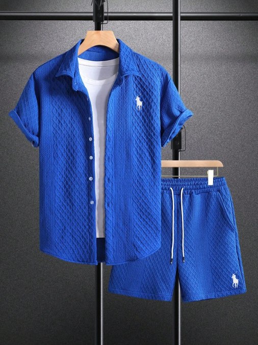 Men’s Textured Short-Sleeve Shirt & Shorts Set - Royal blue