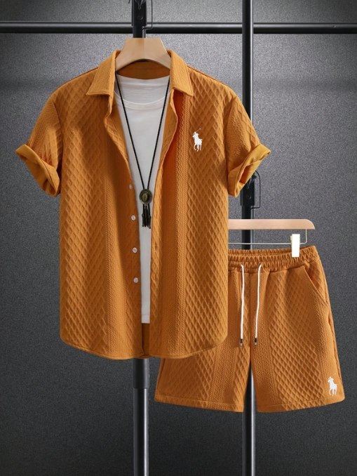 Men’s Textured Short-Sleeve Shirt & Shorts Set - bronze