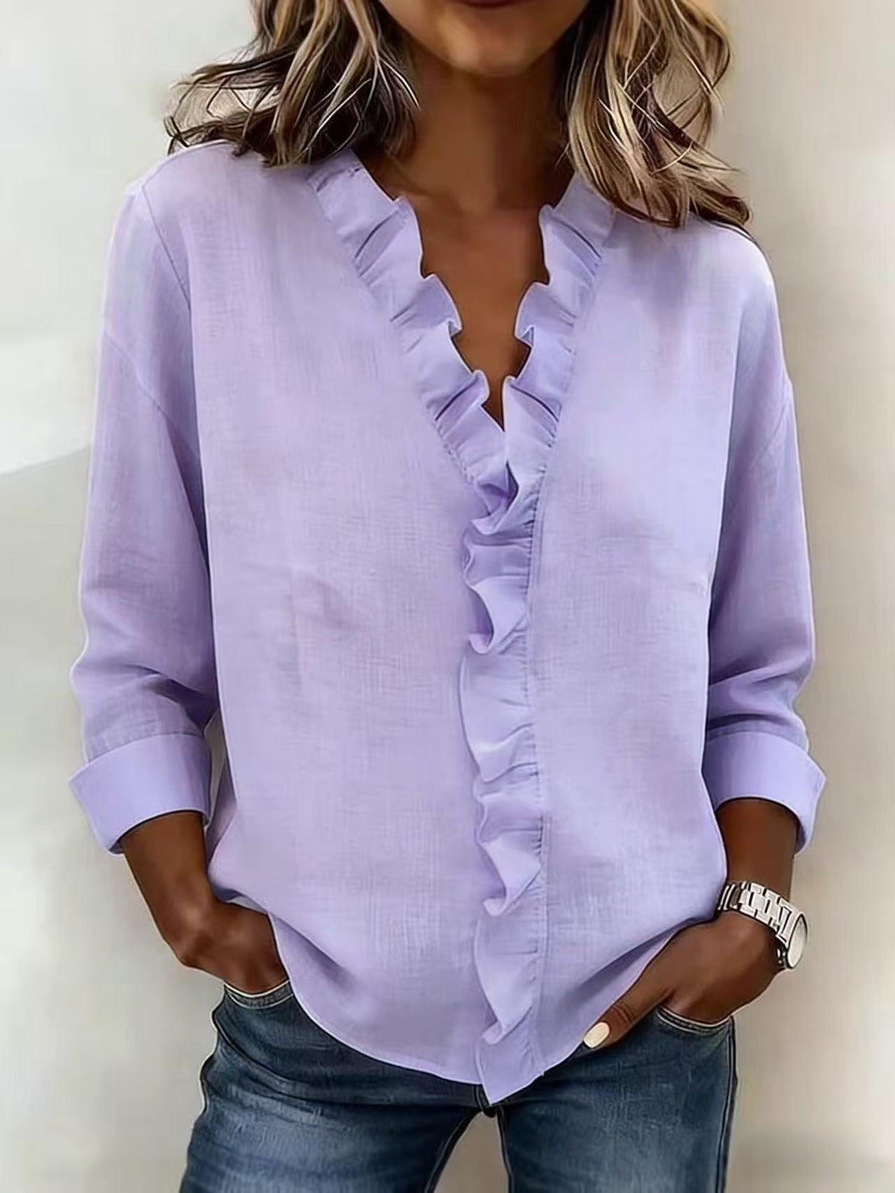 Indie | Blouse with Ruffles, V-Neck and Long Sleeves