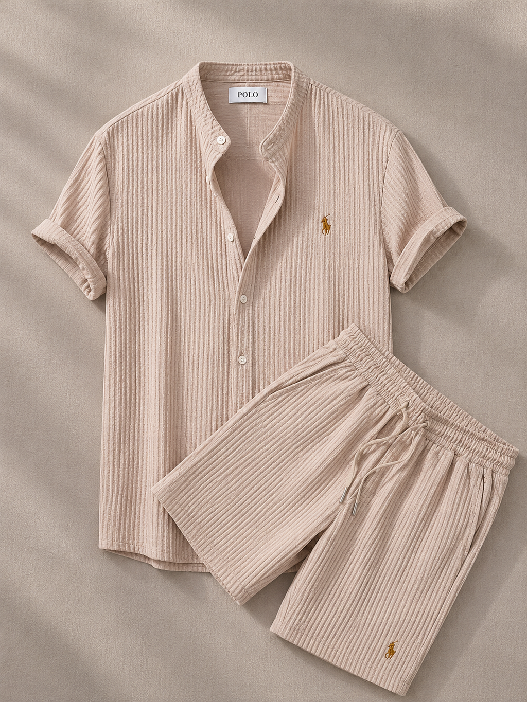 Men's Pony Embroidery Ribbed Knit Matching Short Set 🔥