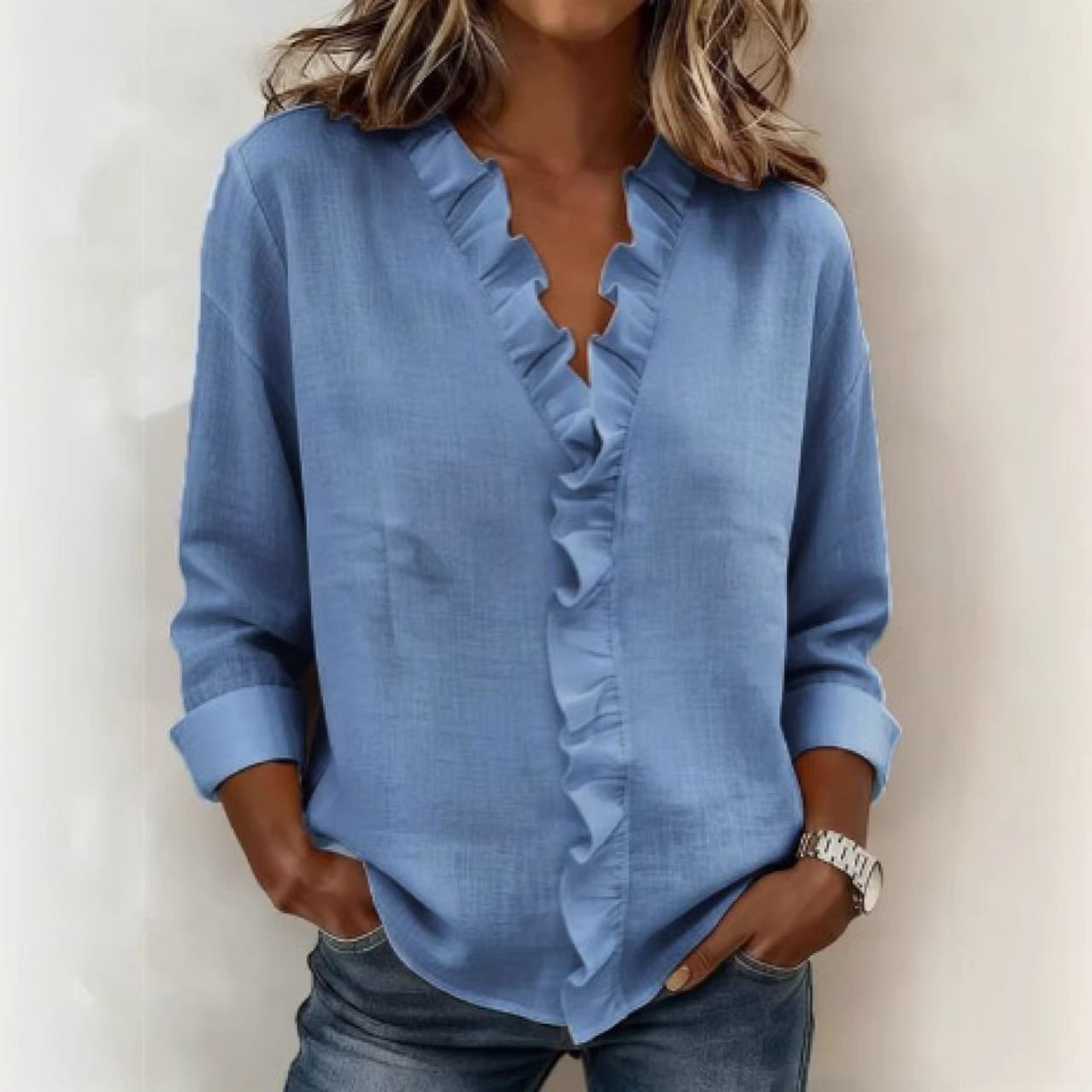Indie | Blouse with Ruffles, V-Neck and Long Sleeves