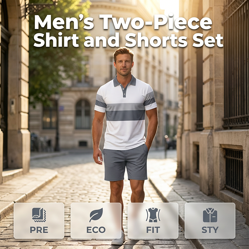 Men's summer two-piece shirt and shorts set features